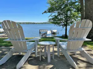 Patio view of the Lake. Adirondack chairs dot the property.