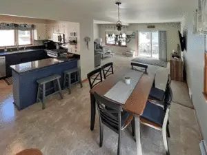 Main level showing the kitchen, dining area and living room.