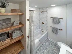 Newly remodeled Master bath with subway tile finishing and storage