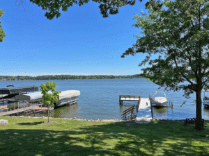 Another view of the lake from the patio. The white composite pier is 6’ wide
